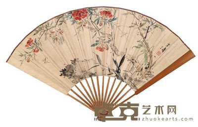 王雪涛 花卉草虫 成扇 20×51cm